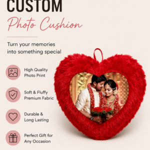Custom RED colour Heart Shape Photo Cushion | Personalized Soft Fur Pillow