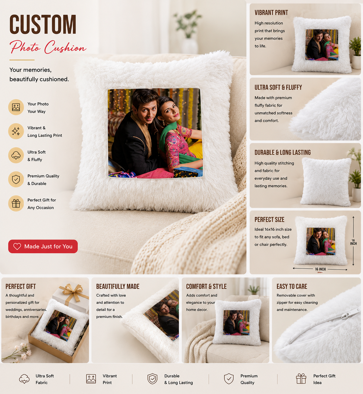 Custom Fur Photo Cushion | Personalized Soft Fluffy Pillow Gift for Couples & Loved Ones - Image 2