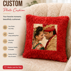Custom Red Fur Photo Cushion | Personalized Fluffy Pillow for Couples & Wedding Gifts